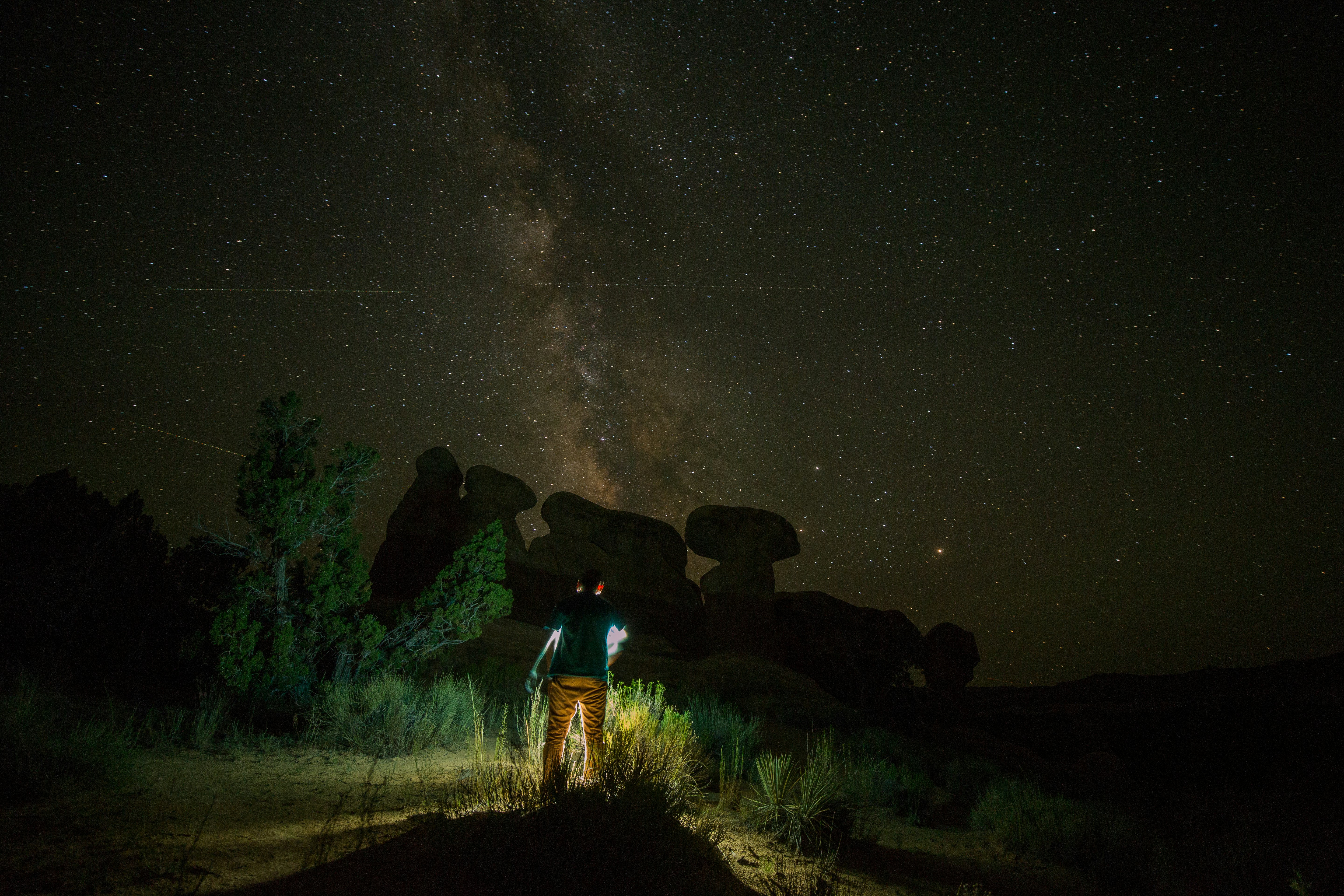 person standing near rock formation during night time